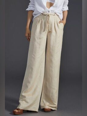 NWT PAIGE Teyana Linen Wide Leg Beige Belted Trouser Summer Pants Size 2